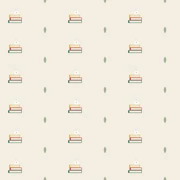 Cozy reading seamless pattern with tea cup on stack of books and green leaves on Stock Illustration