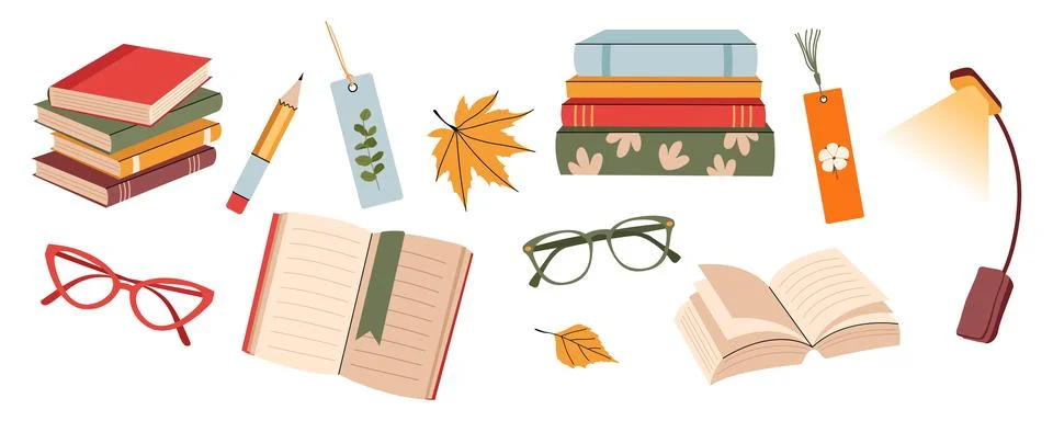 Cozy reading vector set with books glasses bookmarks autumn leaves and lamp.. Stock Illustration
