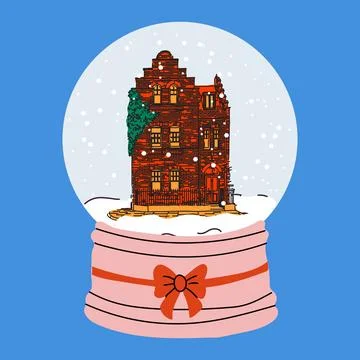 Cozy Red Brick Building Inside Snow Globe with Snowflakes Illustrazione stock