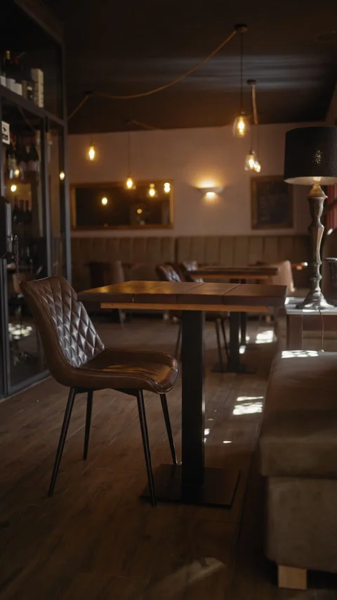Cozy restaurant interior with ambient lighting, wooden furniture, and empty.. Vidéo 273000723