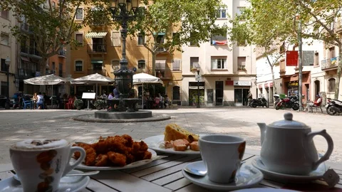 Cozy restaurant at small square in historic town, Barcelona Stock Footage 102571329