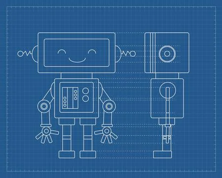 Cozy Robot Tech Circuit Blueprint Grid Line Art Illustration 스톡 일러스트