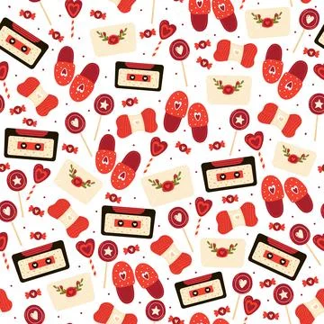 Cozy romantic objects pattern on white background, happy valentine day イラスト素材