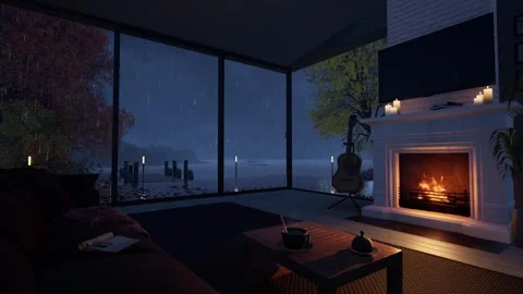 Cozy room interior with a fireplace and rain outside the window. Stock Footage 340148801
