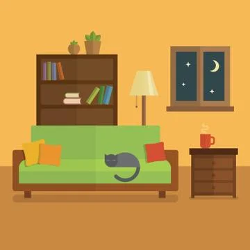 Cozy room interior flat illustration. Bookcase with books and plants, cat sle Illustrazione stock