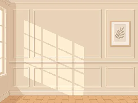 Cozy room interior wall with wainscoting molding, wooden floor, and warm wi.. Stock Illustration