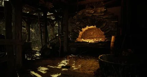 Cozy rustic fireplace glowing warmly in a dimly lit cabin interior Stock Illustration