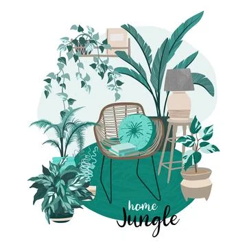 Cozy scandi room interior with a lot of plants Stock Illustration