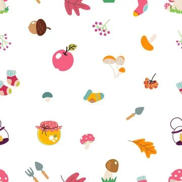 Cozy scandinavian elements seamless pattern. Forest plants, cartoon mushrooms Illustrazione stock