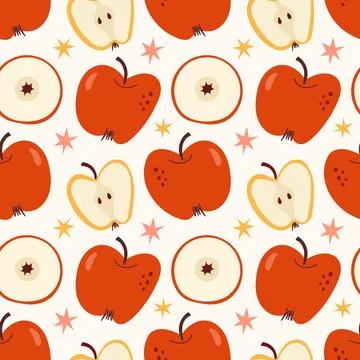 Cozy Seamless Apple Pattern with Whole Red Apples and Cut Halves on Light B.. Stock Illustration