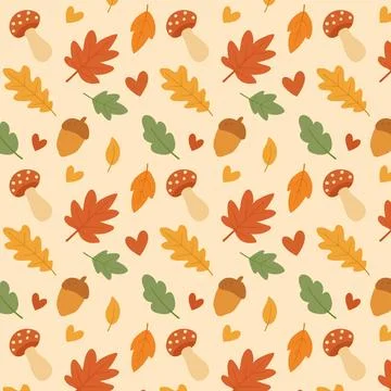 Cozy seamless pattern with autumn leaves, acorns, mushrooms and hearts in w.. Illustrazione stock