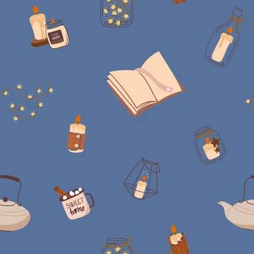 Cozy seamless pattern in hygge style. Candles, books and coffee with Stock Illustration