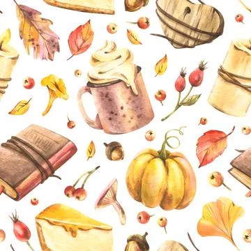 Cozy seamless pattern with mug, pumpkin, book, cheesecake, and autumn leaves Illustrazione stock