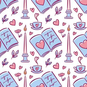 Cozy seamless pattern with open book, glowing candle, heart shapes and steaming Stock Illustration