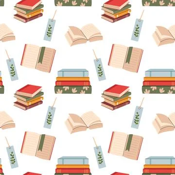 Cozy seamless pattern with stacks of books open pages and bookmarks on white Stock Illustration