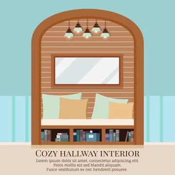 Cozy simple home corridor interior background with furniture and arched reces Stock Illustration