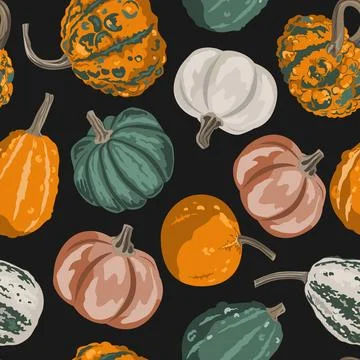 Cozy small gourds seamless pattern. Pumpkins autumn background. Vector squa.. Stock Illustration