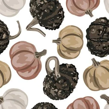 Cozy small gourds seamless pattern. Pumpkins autumn background. Vector squa.. Illustrazione stock