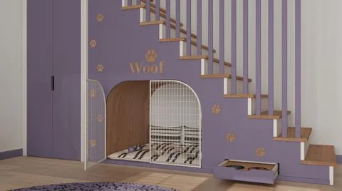 Cozy space devoted to pets in purple and wooden tones, dog room interior desi Stock Illustration