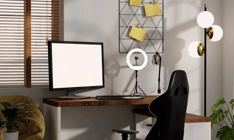 Cozy streaming room setup with modern design and functional decor. 3D render Stock Illustration