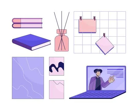 Cozy studying stationery 2D linear cartoon objects set イラスト素材