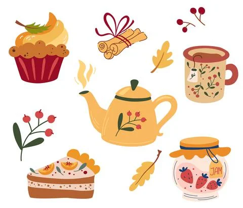 Cozy tea party. Tea set: teapots, pumpkin pie, muffin, cup of hot tea, jam an Stock Illustration