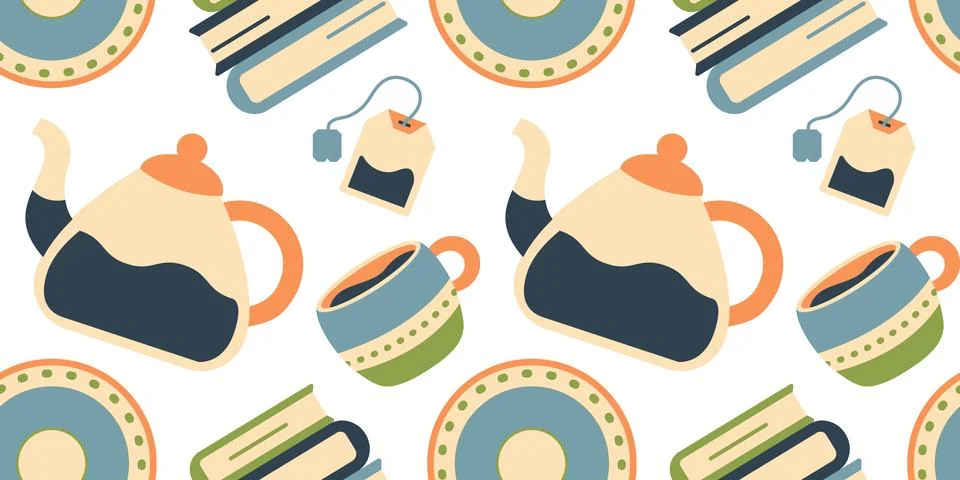 Cozy tea time seamless pattern with teapot, books and mug. Tea bag. Flat ve.. 스톡 일러스트
