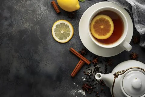 Cozy tea time setup with lemon and spices Stock Photos