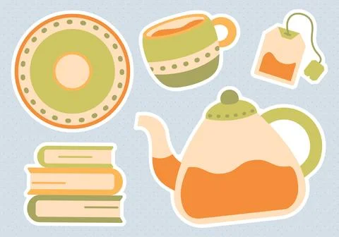 Cozy tea time sticker pack set. Flat vector stickers - teapot, books, cup. .. 스톡 일러스트