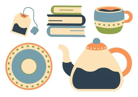 Cozy tea time vector element set. Teatime. Flat teapot, books, cup and tea .. 스톡 일러스트