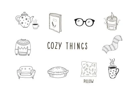 Cozy things. Set of vector hand drawn illustration in doodle style Stock Illustration