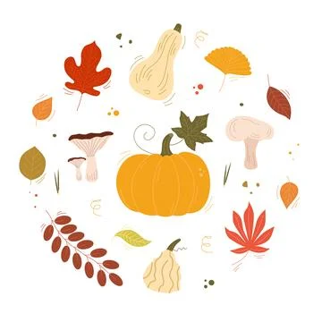Cozy vector collection of hand drawn autumn elements arranged in a circle Stock Illustration