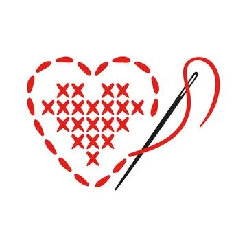 Cozy vector doodle a heart-shaped cross-stitch motif, needle and thread weaving Illustrazione stock