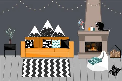 Cozy Vector interior in Scandinavian style. Living room with Fireplace Stock Illustration