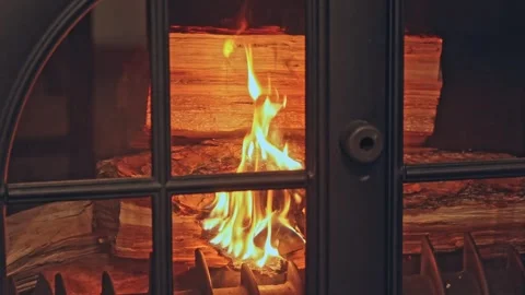 Cozy warmth fireplace logs burning home interior Stock Footage 325080062