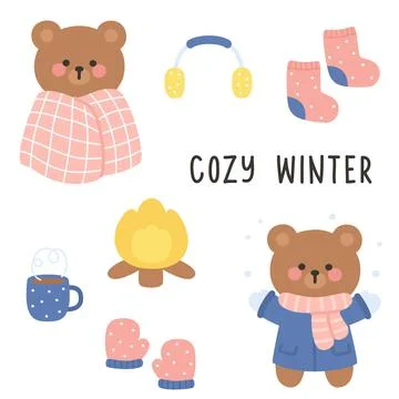 Cozy Winter Bear Sticker Sheet with Bonfire, Blanket, and Warm Accessories Stock Illustration