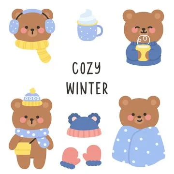 Cozy Winter Bear Sticker Sheet with Hot Cocoa, Pajamas, and Warm Layers Stock Illustration