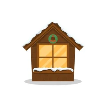 A cozy winter cabin with a glowing window and snow-covered roof, perfect Stock Illustration