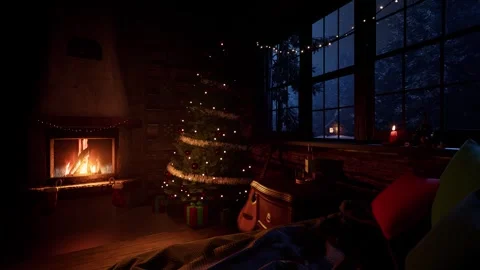 Cozy winter cabin interior with a glowing fireplace, decorated Christmas tree, a Video stock 345664038