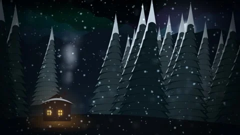 Cozy Winter Cabin in a Snowy Pine Forest at Night with Falling Snow Видео 343874860