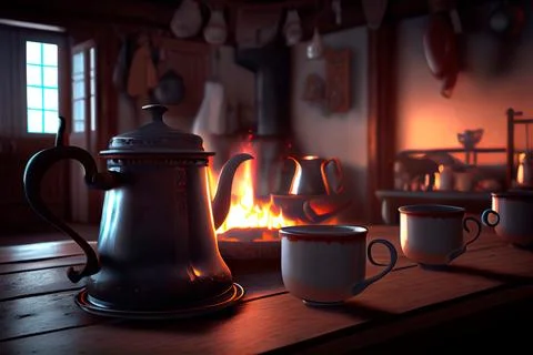 Cozy winter day. Mug with hot tea on wood table in front of Fireplace as a .. Stock Illustration