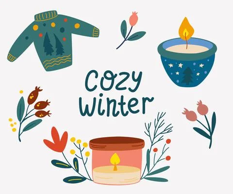 Cozy winter elements set. Candles, sweater berries and lettering. New Year an Stock Illustration