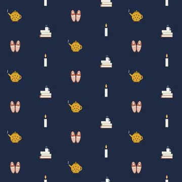 Cozy winter evening seamless pattern with golden teapot, slippers, burning Stock Illustration