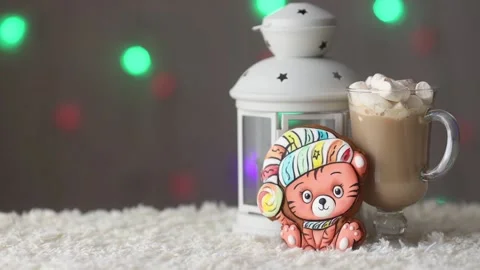 Cozy winter holiday background with gingerbread cookies tiger and coffee Stock Footage 166877384