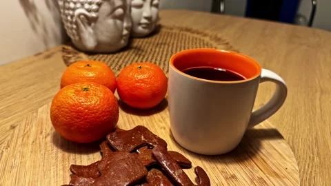 Cozy Winter Home Table Mulled Wine Gingerbread Cookies Tangerines Hygge Indoor Stock Footage 333318498