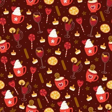 Cozy winter hot drinks pattern on red background, mulled wine and hot cacao.. Stock Illustration