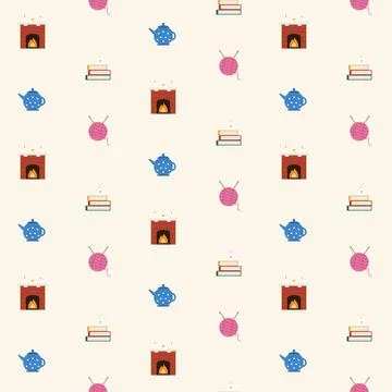 Cozy winter hygge seamless pattern with fireplace, blue polka dot teapot, stack Stock Illustration