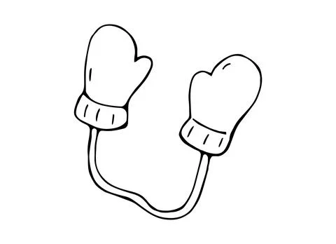 Cozy Winter Mittens Pair with String Line Art Vector Illustration Ilustração Stock