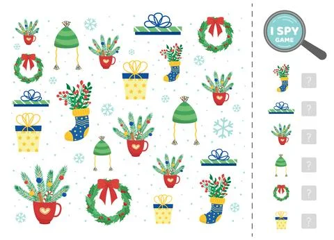 Cozy winter objects in I spy game for kids. Search and count how many. Math game イラスト素材