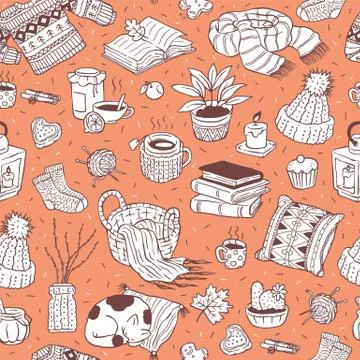 Cozy winter objects seamless pattern design on orange background. Stock Illustration